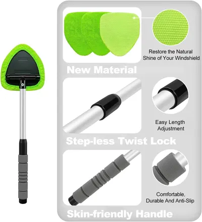 Highlights multiple features of the windshield cleaning tool, showcasing its improved design and ease of use.