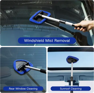 Demonstrates the versatility of the product for cleaning different areas of a car's windows and glass surfaces.