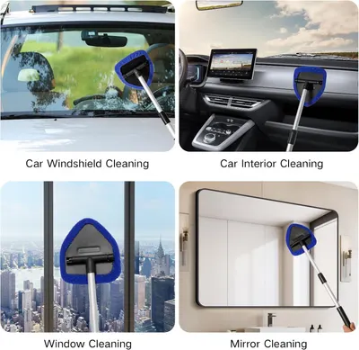 Demonstrates the versatility of the cleaning tool by showing its use on different surfaces like car windshields, car interiors, windows, and mirrors.