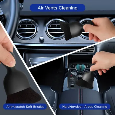Demonstrates how to use the product to clean air vents and hard-to-reach areas in a car interior, highlighting its effectiveness and versatility.