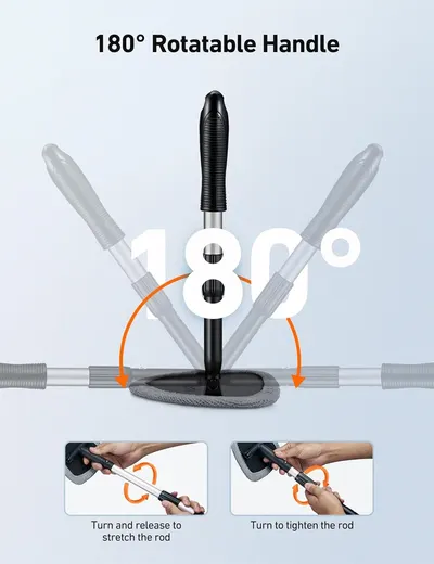 Demonstrates the product's flexible handle that can rotate 180 degrees, allowing for easier maneuverability and use in different positions.