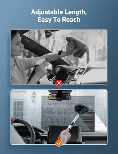 Highlights the product's adjustable length feature, making it easy to reach and clean car windows.