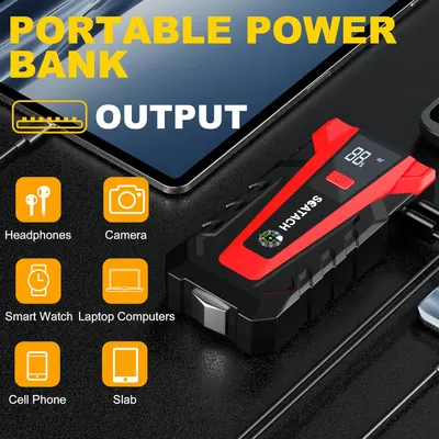 Showcases the versatility of the portable power bank by illustrating its compatibility with various electronic devices. Highlights the power bank's ability to charge multiple types of devices and…