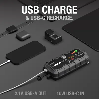 Highlights the product's USB charging feature, emphasizing its ability to charge and recharge various devices via USB-A and USB-C ports.