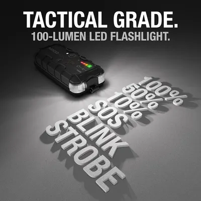 Highlights the product's tactical-grade quality and 100-lumen LED brightness to emphasize its professional-level performance. Communicates the specific light output of the flashlight to help…