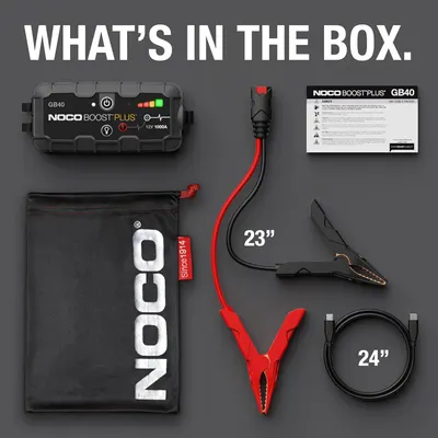 Shows all items included in the NOCO Boost Plus GB40 jump starter kit, helping customers understand exactly what they'll receive.