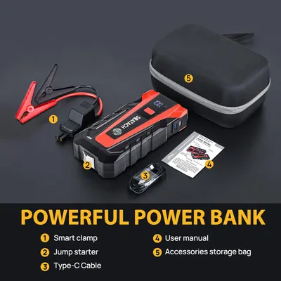 Shows all the items included in the power bank jump starter kit, highlighting its completeness and versatility.