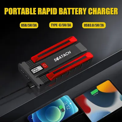 Highlights the product's versatility with multiple charging options and fast charging capabilities for different devices. Shows compatibility with various devices through different USB port types,…