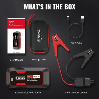 Shows all items included in the SZEVZO ET03 Jump Starter kit, reassuring customers of the complete package they'll receive.