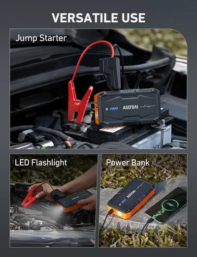 Demonstrates the versatility of the product by showcasing its three main functions: jump starting a car, providing light, and charging devices.