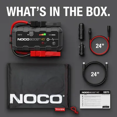 Shows all the components included with the NOCO Boost HD jump starter, helping customers understand the complete package they're receiving.