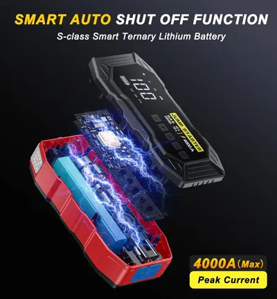 Highlights the product's smart auto shut off feature to emphasize its advanced technology and safety capabilities. Communicates the high power output capability of the battery, emphasizing its…