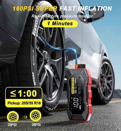 Highlights the product's ability to quickly inflate tires to the proper pressure in just 1 minute, emphasizing its speed and efficiency. Provides specific numerical data on the product's inflation…