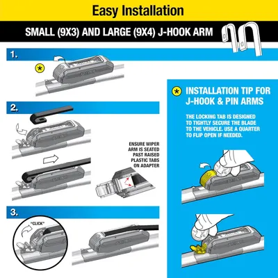 Provides step-by-step instructions for installing J-hook arm wiper blades, emphasizing the simplicity of the process.