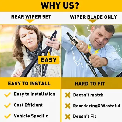 Demonstrates the superiority of the rear wiper set over a standalone wiper blade, highlighting ease of installation and better fit.