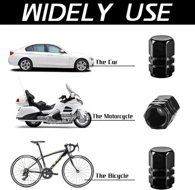 Shows that the product (likely valve caps) can be used on multiple types of vehicles including cars, motorcycles, and bicycles.