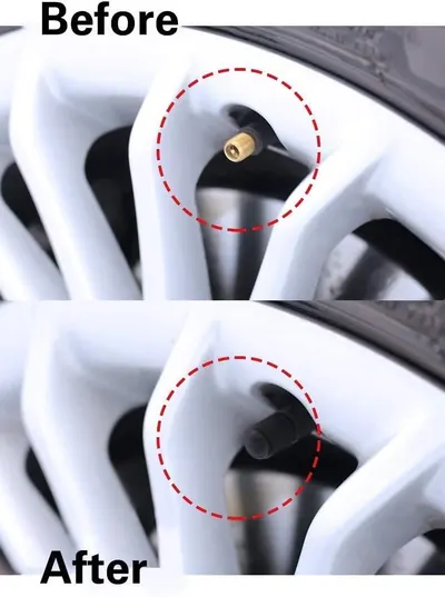 Demonstrates the visual difference between an old brass valve stem and a new black valve stem, highlighting the product's ability to update the appearance of car wheels.