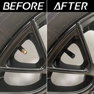 Demonstrates the transformation of a wheel valve stem from a standard gold-colored stem to a sleeker black stem, highlighting an aesthetic upgrade for car enthusiasts.