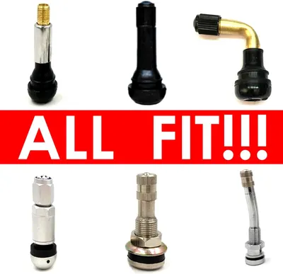 Shows the variety of tire valve stems included, demonstrating compatibility with different tire types or preferences.