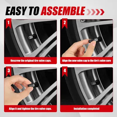 Demonstrates the simple 4-step process to install new tire valve caps, reassuring customers about the ease of use.