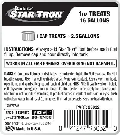 Provides clear instructions on how to use the Star Tron product, including dosage and application method. Informs customers about the product's compatibility with all gas engines and provides…