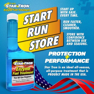 Highlights multiple benefits of the fuel treatment product, emphasizing its ability to improve engine starting, running, and storage. Reinforces brand identity and product origin, emphasizing it's…