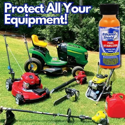 Demonstrates the wide range of lawn and garden equipment that can be protected by using the Ethanol Shield fuel stabilizer product.