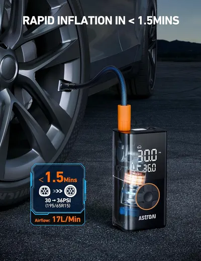 Highlights the product's ability to quickly inflate tires, emphasizing its speed and efficiency for car owners. Provides specific metrics on inflation time and airflow rate to demonstrate the…