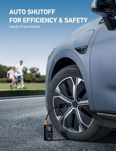 Highlights the product's auto shutoff feature for efficient and safe tire inflation, emphasizing the hands-free operation.