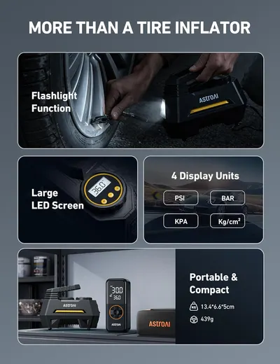 Showcases multiple features of the tire inflator to demonstrate its versatility and ease of use for potential buyers.