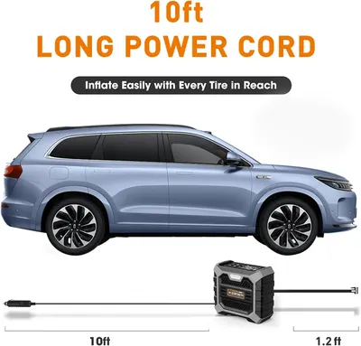 Highlights the 10ft long power cord to emphasize the product's reach and convenience for inflating tires.