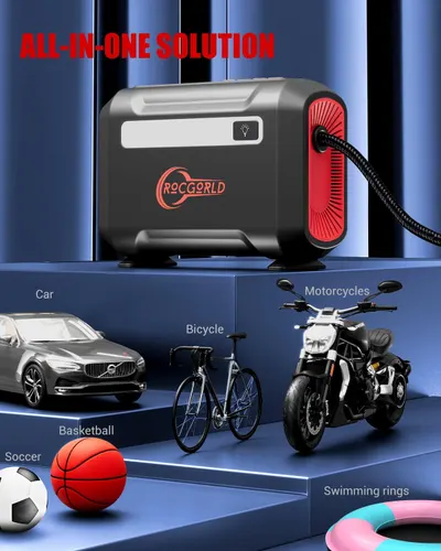 Demonstrates the versatility of the product by showing its compatibility with various vehicles and sports equipment, positioning it as an all-in-one solution for inflation needs.