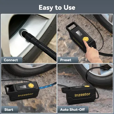 Demonstrates the simple steps to use the tire inflator, reassuring customers about its ease of use.