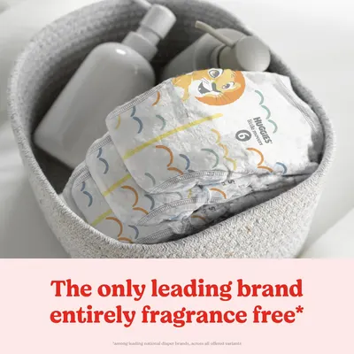 Emphasizes that this diaper brand is the only leading brand that is completely fragrance-free, appealing to parents concerned about sensitive skin or chemical exposure.
