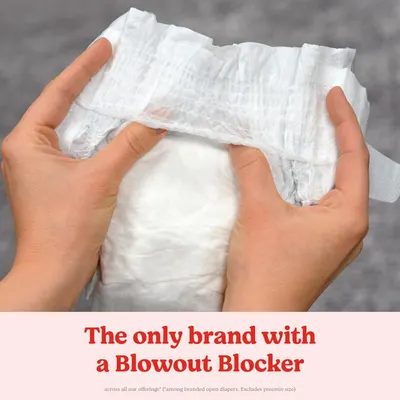 Highlights the unique feature of a blowout blocker to prevent diaper leaks, positioning the brand as the only one offering this benefit.