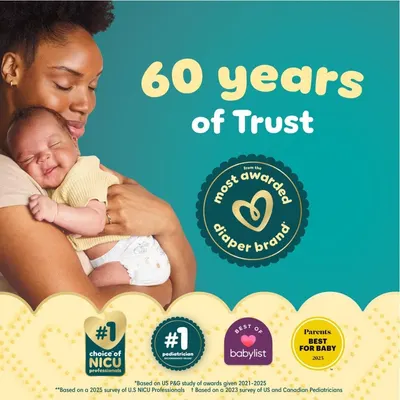 Emphasizes the brand's 60-year history of trust and recognition as a top diaper brand to build credibility with parents.