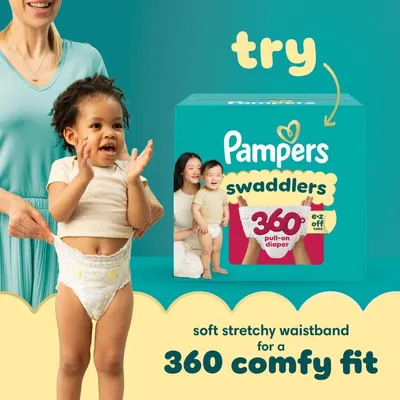 Highlights the product's 360-degree comfortable fit and easy-to-use pull-on design, emphasizing convenience and comfort for both parent and child.