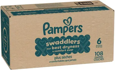 Shows the quantity of diapers included in the box, emphasizing value for the customer. Highlights the key benefit of the product being the best in terms of dryness and comfort for the baby.