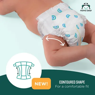 Highlights the diaper's new contoured shape design for a more comfortable fit on babies.