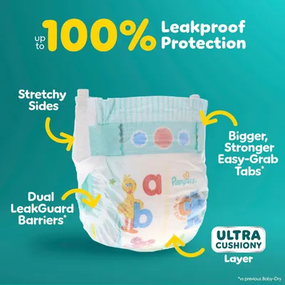 Highlights multiple features of the diaper to demonstrate its effectiveness in preventing leaks and providing comfort for the baby.
