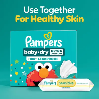 Highlights the complementary use of Pampers diapers and wipes for complete baby care and healthy skin.