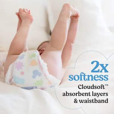 Highlights the enhanced softness of the diaper's absorbent layers and waistband to appeal to parents concerned about their baby's comfort.