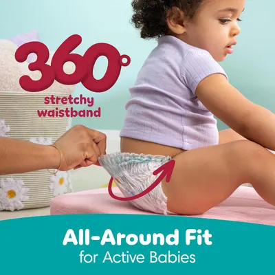 Highlights the diaper's 360-degree stretchy waistband to emphasize comfort and fit for active babies.