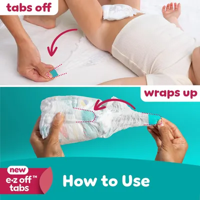 Demonstrates the simple process of removing and wrapping up a used diaper using the new e-z off tabs feature.
