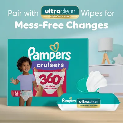 Highlights the combination of Pampers Cruisers diapers with 360° stretchy waistband and Ultraclean fragrance-free wipes for mess-free diaper changes.