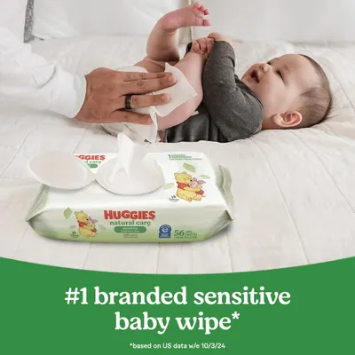 Highlights that Huggies Natural Care is the #1 branded sensitive baby wipe, reassuring parents about its gentleness on baby's skin. Shows the product being used on a real baby, demonstrating its…