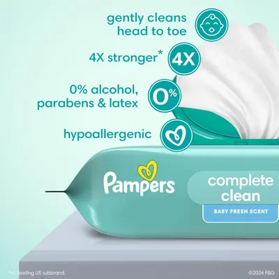 Highlights multiple key features of Pampers baby wipes to reassure parents about the product's effectiveness and safety for their baby's skin.