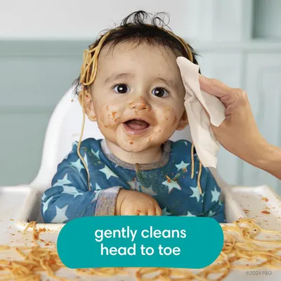 Demonstrates that the product gently cleans babies from head to toe, even after messy meals.
