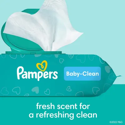 Highlights the fresh scent feature of Pampers Baby-Clean wipes to emphasize a refreshing and clean experience for the baby.