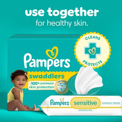 Highlights multiple benefits of using Pampers diapers and wipes together for healthy skin, including leak protection and sensitivity care.